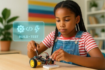 Hands-on robotics workshop for kids urban learning space educational content creative environment close-up viewpoint stem concepts