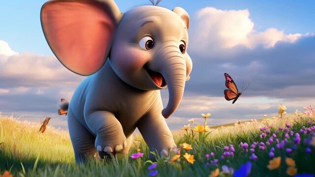 Baby elephant cartoon smiling joyfully in field with butterflies flying