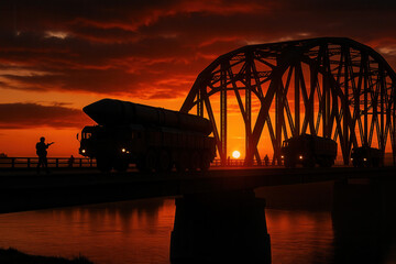 Nuclear war preparation action at sunset bridge military vehicles in transit tense atmosphere strategic viewpoint