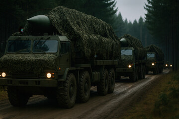 Nuclear war preparation drills military convoy forested area action photography ground level strategic defense measures