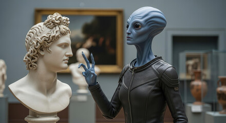 Alien contemplating classical art, a captivating image that bridges the past and an unknown future.