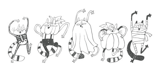 Funny hand drawn halloween doodles with cats and pumpkins