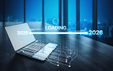 Visualizing the shift from 2025 to 2026. Progress bar symbolizing advancement, strategic foresight,...