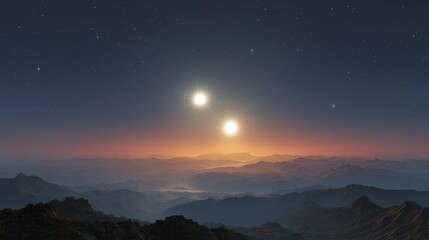 Fototapeta premium celestial spectacle of two suns shining brightly over a distant planet in the cosmos at twilight