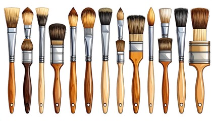 Row of various paintbrushes, different shapes and sizes, wooden handles, metal ferrule