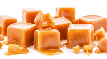 Caramel candy cubes on white background closeup