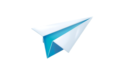 Geometric paper airplane with blue and white abstract design on a transparent background