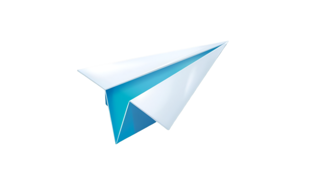Geometric paper airplane with blue and white abstract design on a transparent background