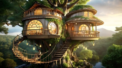 Enchanting treehouse retreat with illuminated windows and whimsical staircases nestled within lush