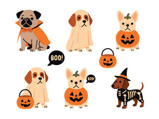 collection of cute cartoon dogs dressed in Halloween costumes, including pumpkins, skeletons, witches, and spooky props.