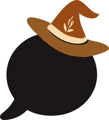 a black comic-style empty speech bubble topped with a brown witch hat decorated with a beige leaf design, giving it a spooky Halloween theme.