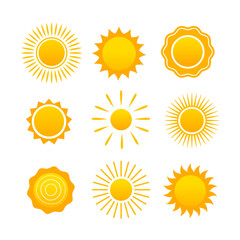 Collection of cartoon hand drawn sun icons isolated on white background.	