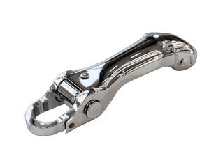 Polished chrome lever with textured grip.  High-sheen metal part, likely for a vehicle, showing a curved arm with a grip area featuring small, raised protrusions.  A hinge or joint is visible