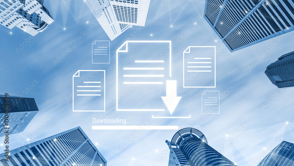 Poster visual representation of digital document downloading, showing file transfer, data access, and progr