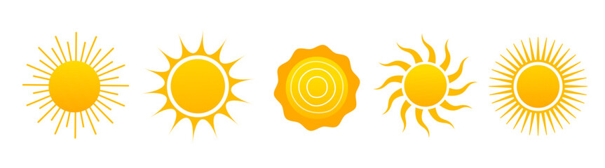 Collection of cartoon hand drawn sun icons isolated on white background.	