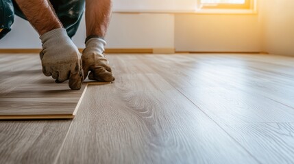 Laminate floor installation by construction worker