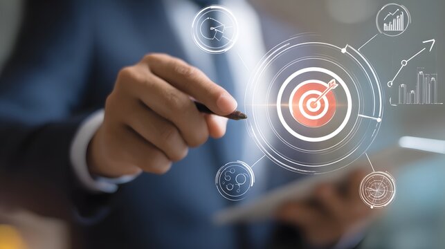 A businessman using a tablet with digital icons representing data analysis, finance, health, and social networking