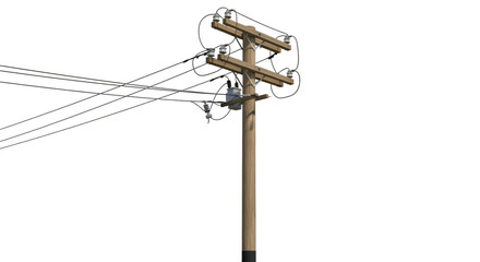 Wooden utility pole with transformer and wires