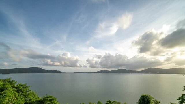 Timelapse of Clouds over Kao Khad Viewpoint with Scenic Landscape and Boats in the Distance