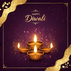 Elegant golden diyas burning brightly on a sparkling purple backdrop, a symbol for the traditional Hindu festival of lights
