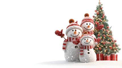 Festive snowman with coal eyes and hat beside a miniature Christmas tree on transparent png background. Ai generated