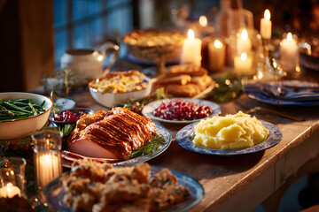 Placing food on the table for family Christmas dinne