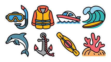 Summer Water Activities and Marine Life Icons for Coastal Vacation and Beach Adventures