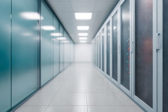 Long, empty hallway with white walls and a blue tint