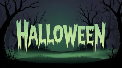 Fototapeta premium Minimalist Halloween holiday design with glowing green “Halloween” lettering on a foggy night background, haunted forest silhouette. Spooky atmosphere illustration for poster, decor, wallpaper, etc.