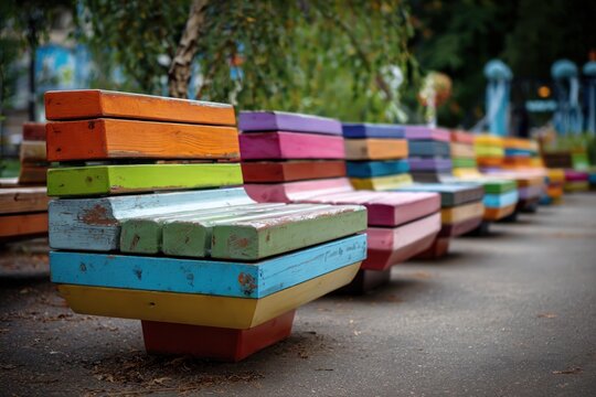 Recycled Wooden Park Benches in Urban Area