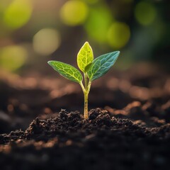 Close-up of fresh green sprout pushing through rich soil with soft sunlight highlighting delicate leaves and small roots in sharp detail, vibrant natural growth scene with copy space