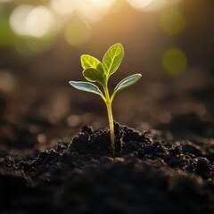 Close-up of fresh green sprout pushing through rich soil, soft sunlight highlighting delicate leaves and small roots in sharp detail, vibrant growth and gardening concept with copy space
