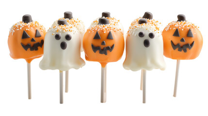Halloween party treats with ghost and pumpkin cake pops on transparent png background. Ai generated