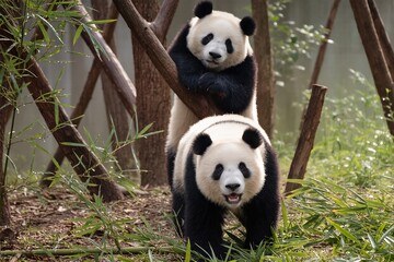 Two adorable giant pandas are having a wonderful time together in a beautiful, lush outdoor environment