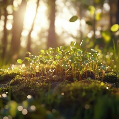 Cluster of wild sprouts growing in natural setting, surrounded by grass and moss, dew drops on leaves, warm sunlight filtering through trees, serene forest growth scene with copy space