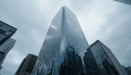 Obraz premium A contemporary glass skyscraper in the central financial sector on a foggy afternoon, measuring 