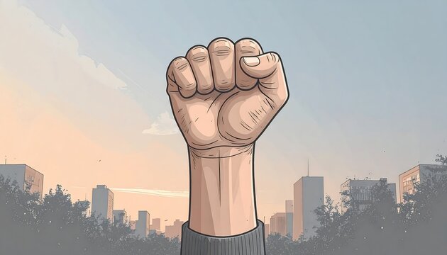 Raised fist against a city skyline