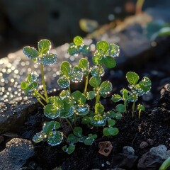 Cluster of young dewy sprouts in garden bed with leaves covered in water droplets sparkling in early morning light, fresh vibrant growth scene with copy space