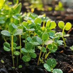 Cluster of young dewy sprouts in garden bed, leaves covered with water droplets sparkling in early morning light, fresh vibrant growth and gardening concept with copy space