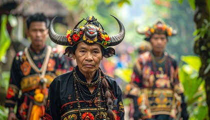 Fototapeta premium Indigenous people in traditional attire with horned headdress.