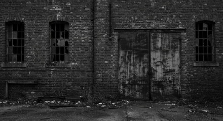 Gritty facade of an abandoned warehouse with boarded up windows and rusted metal doors