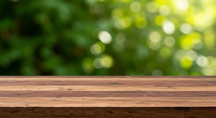 Rustic Wooden Tabletop with Blurred Green Foliage Backdrop for Product Display