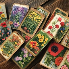 Collection of seed packets neatly arranged on wooden table, colorful images of flowers and vegetables, gardening and planting concept with copy space