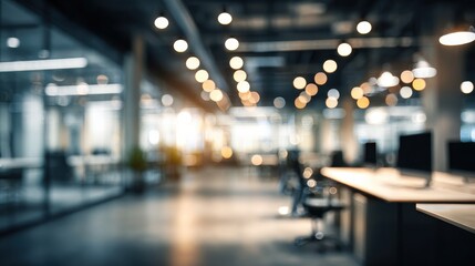 modern office interior with bokeh lights blurred business background ideal for corporate presentations empty workspace design featuring desks chairs contemporary building architecture ideal