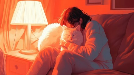 Cozy digital illustration of person sitting on couch hugging fluffy cat, soft warm lamp lighting, pastel color palette, homely comforting mood with copy space
