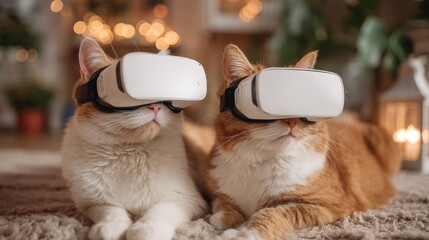 two adorable cats wearing virtual reality headsets immersive technology experience cozy home environment pet tech interaction modern lifestyle playful digital innovation