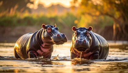 Two hippos in a river at sunset