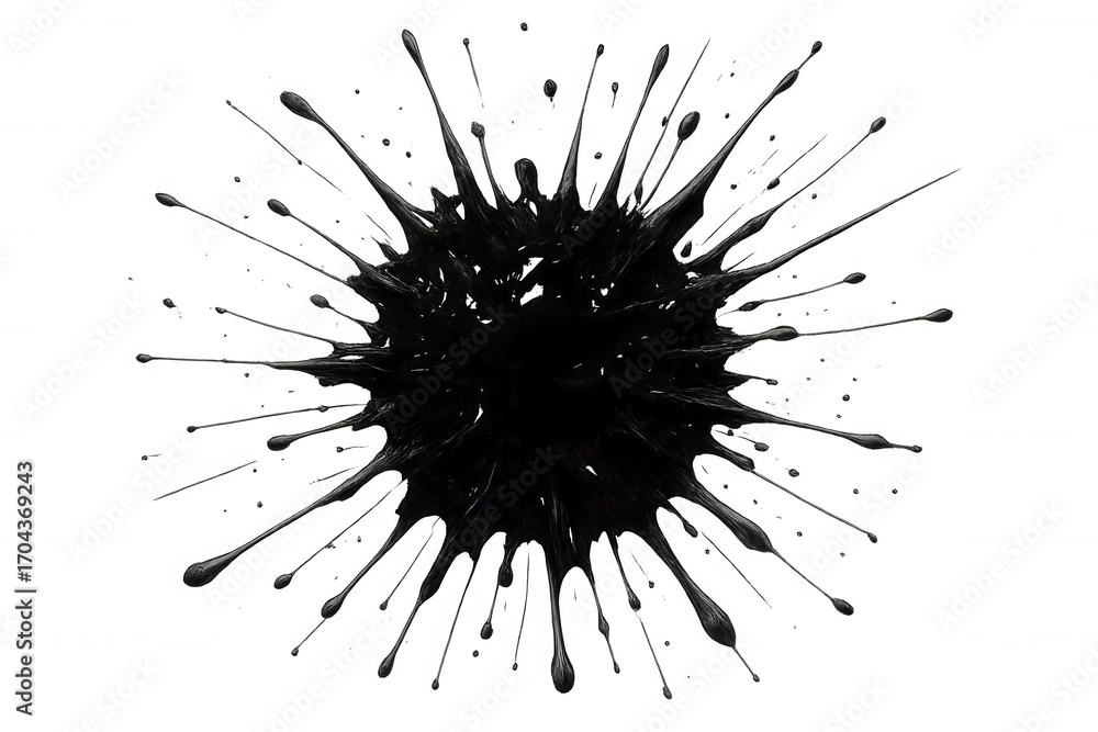 Poster black ink splattering on transparent surface, forming dynamic abstract pattern with energetic liquid