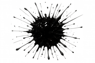 Black ink splattering on transparent surface, forming dynamic abstract pattern with energetic liquid movement