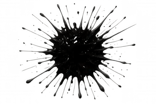 Black ink splattering on transparent surface, forming dynamic abstract pattern with energetic liquid movement